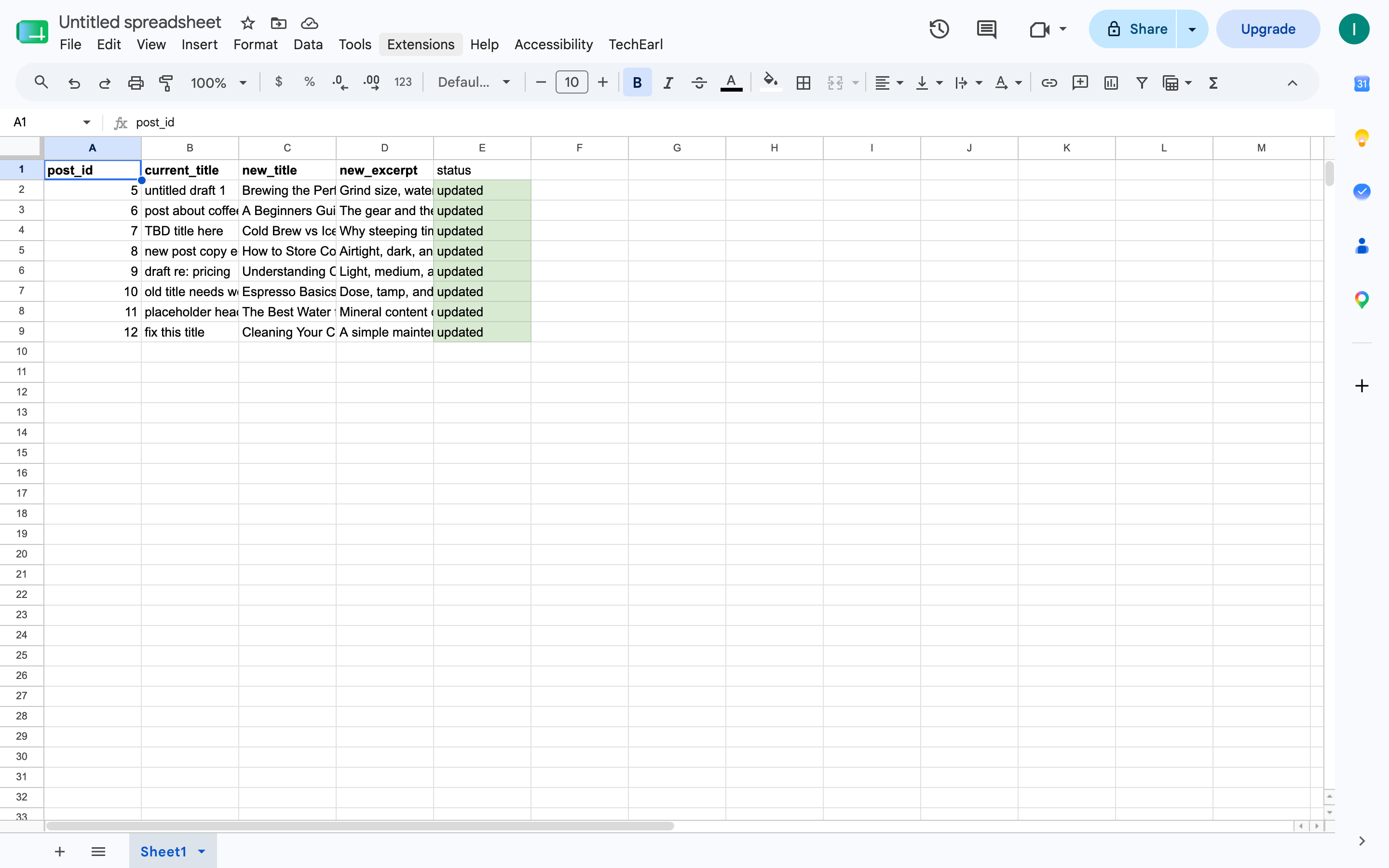 The same Google Sheet after the push, with every row's status cell now reading updated on a green background