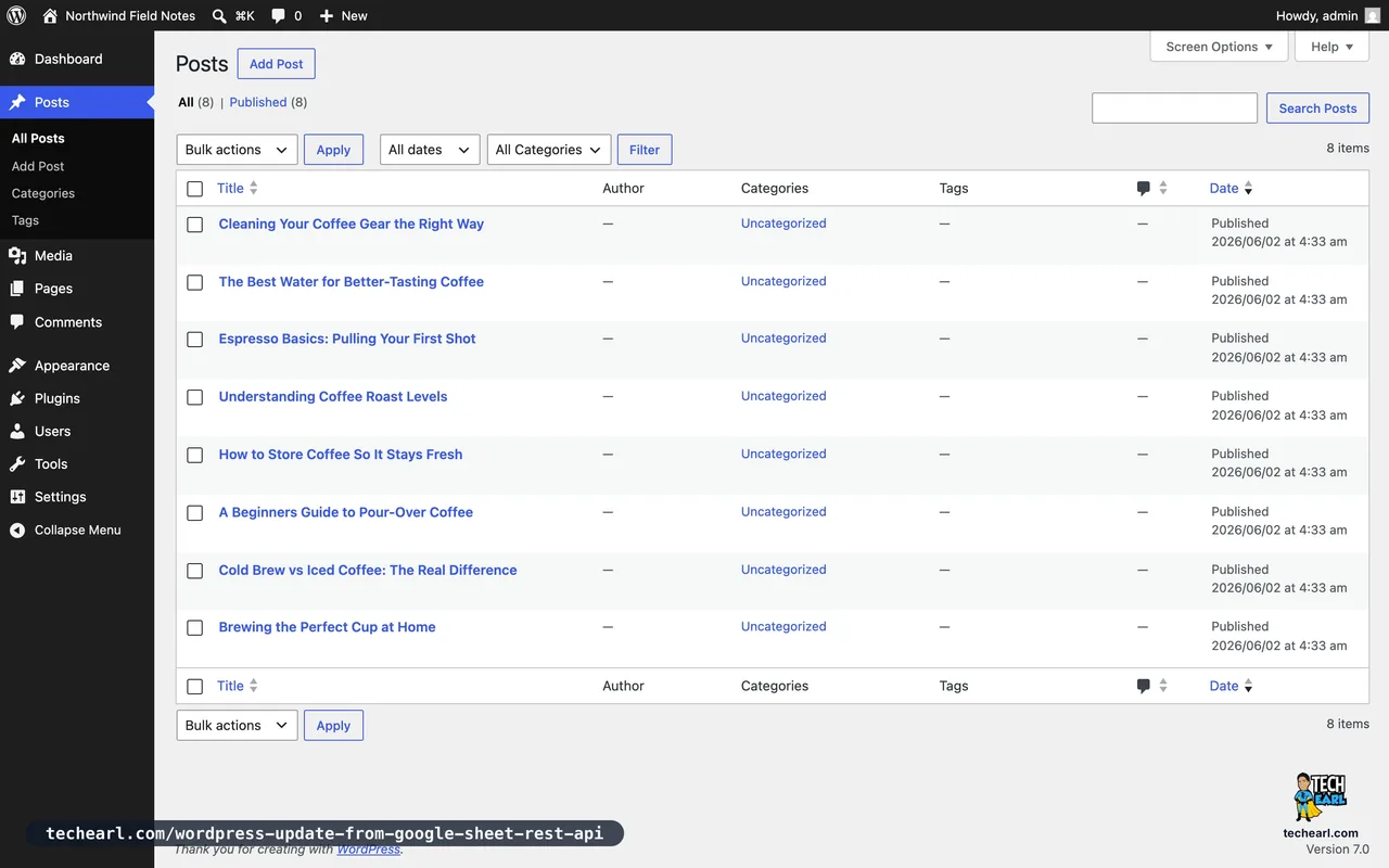 The WordPress All Posts admin screen after the push, showing the eight posts with their polished final titles