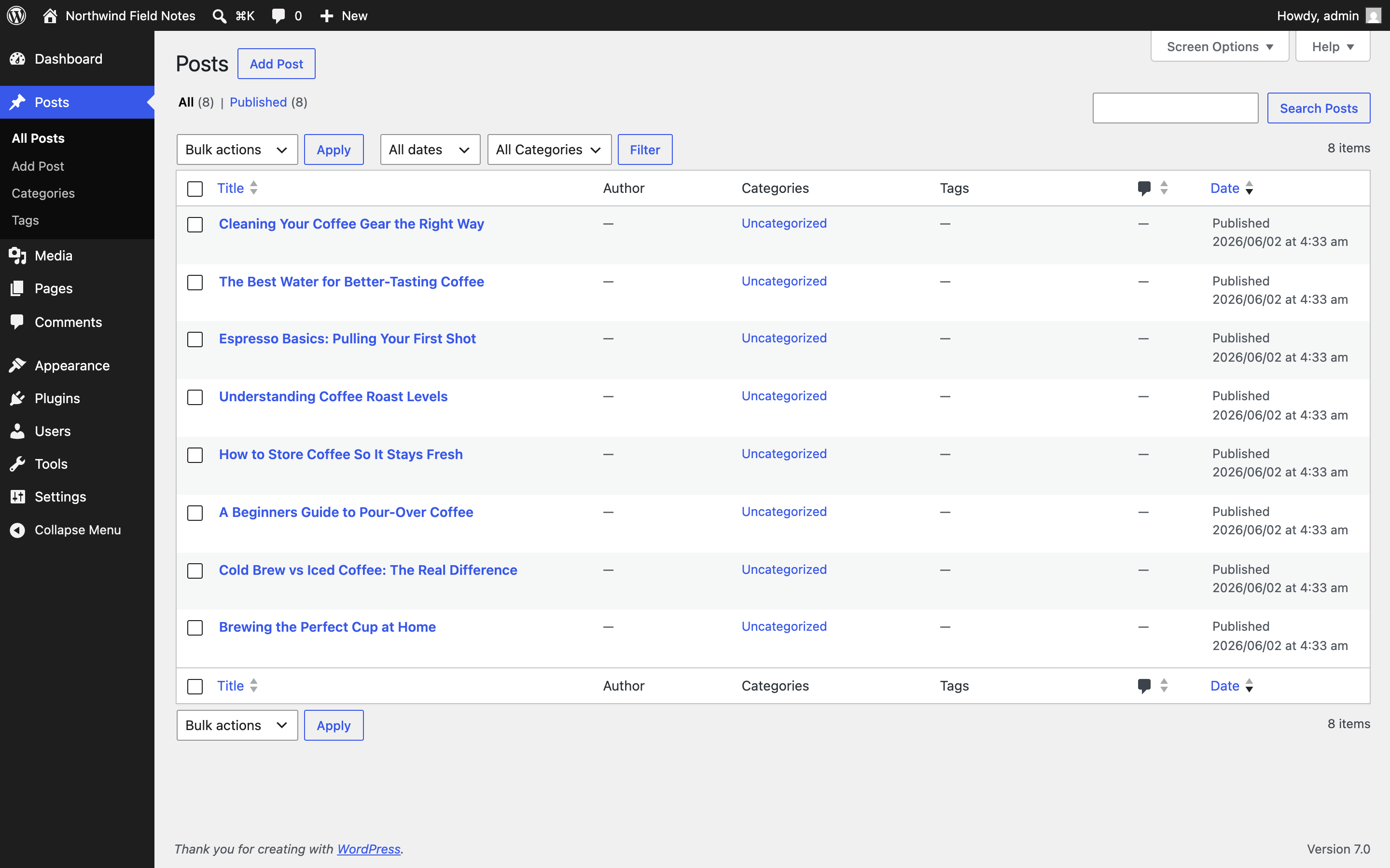 The WordPress All Posts admin screen after the push, showing the eight posts with their polished final titles
