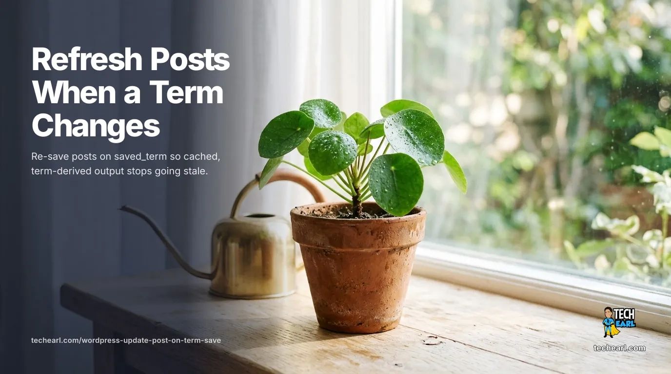 How to refresh WordPress posts when a taxonomy term changes: hook the saved_term action, query the posts attached to the term, and re-save them with wp_update_post() to bust stale term-derived cache.