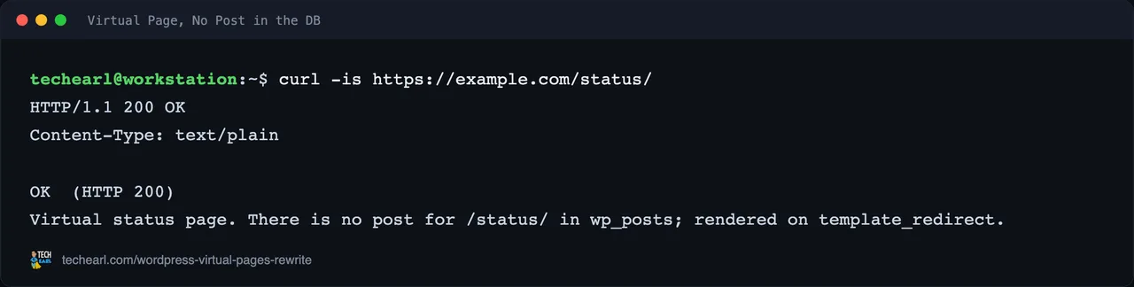 curl showing /status/ returning HTTP 200 with custom content despite no post existing in the database